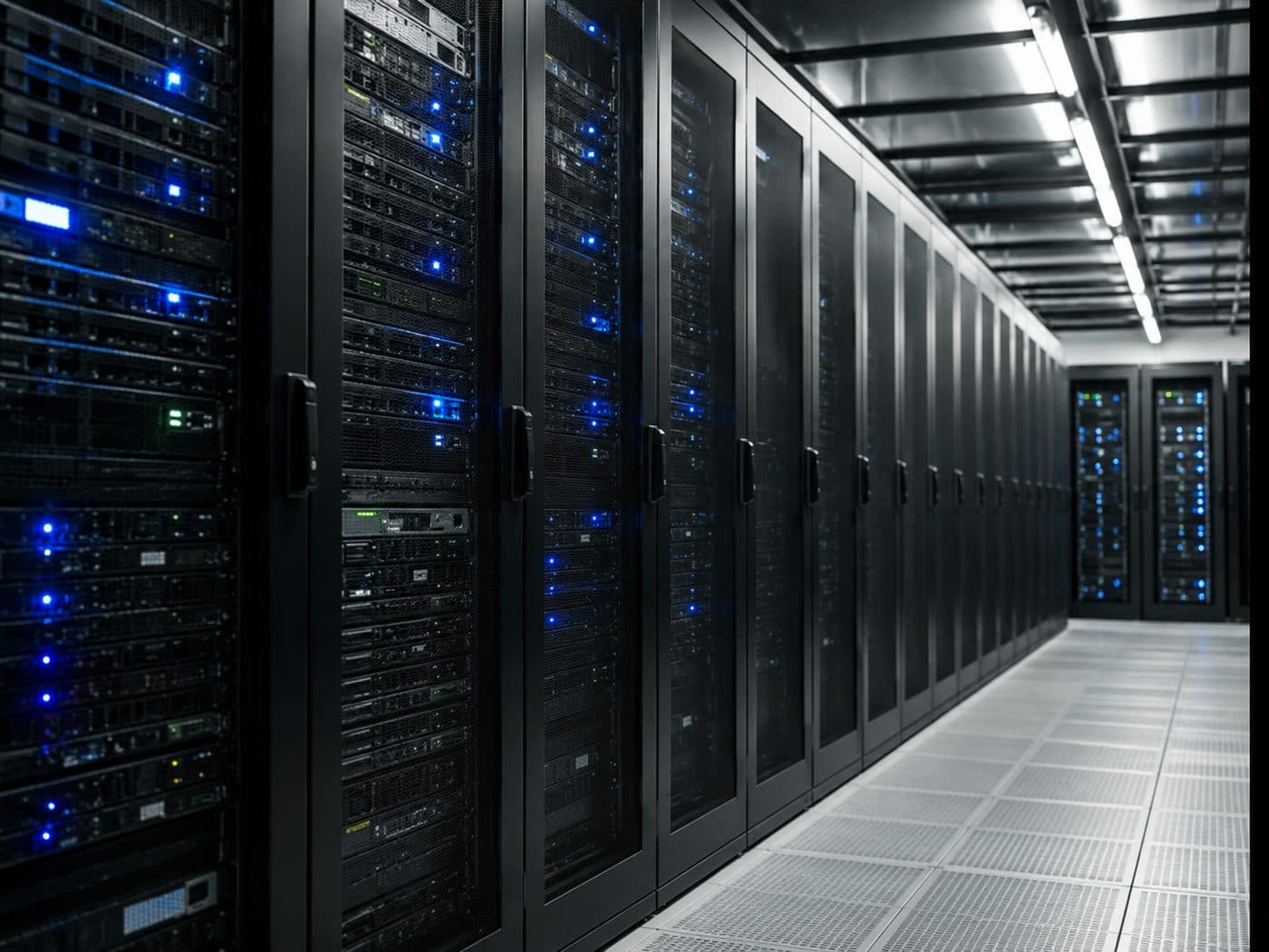 Pasillo de centro de datos con servidores en operación