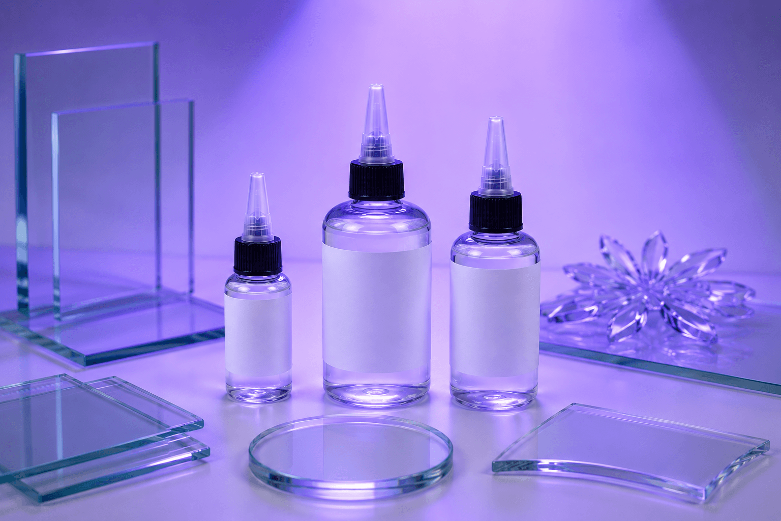 Botellas de adhesivos UV UVLON sobre fondo iluminado con luz ultravioleta y piezas de vidrio