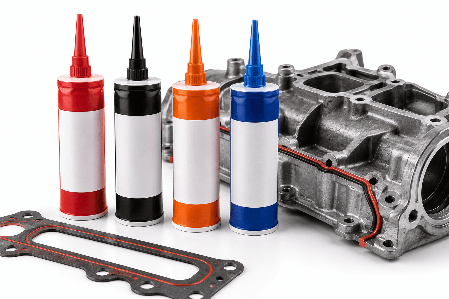 Tubos de formadores de juntas SELON en colores rojo, negro, naranja y azul junto a bloque de motor y juntas planas
