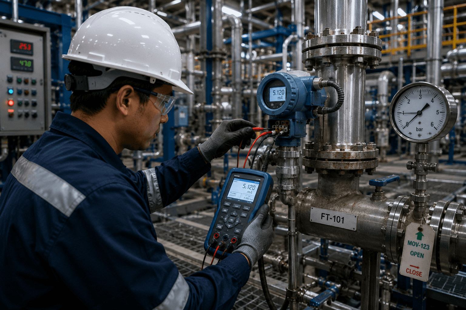 Técnico calibrando transmisor de presión en planta industrial