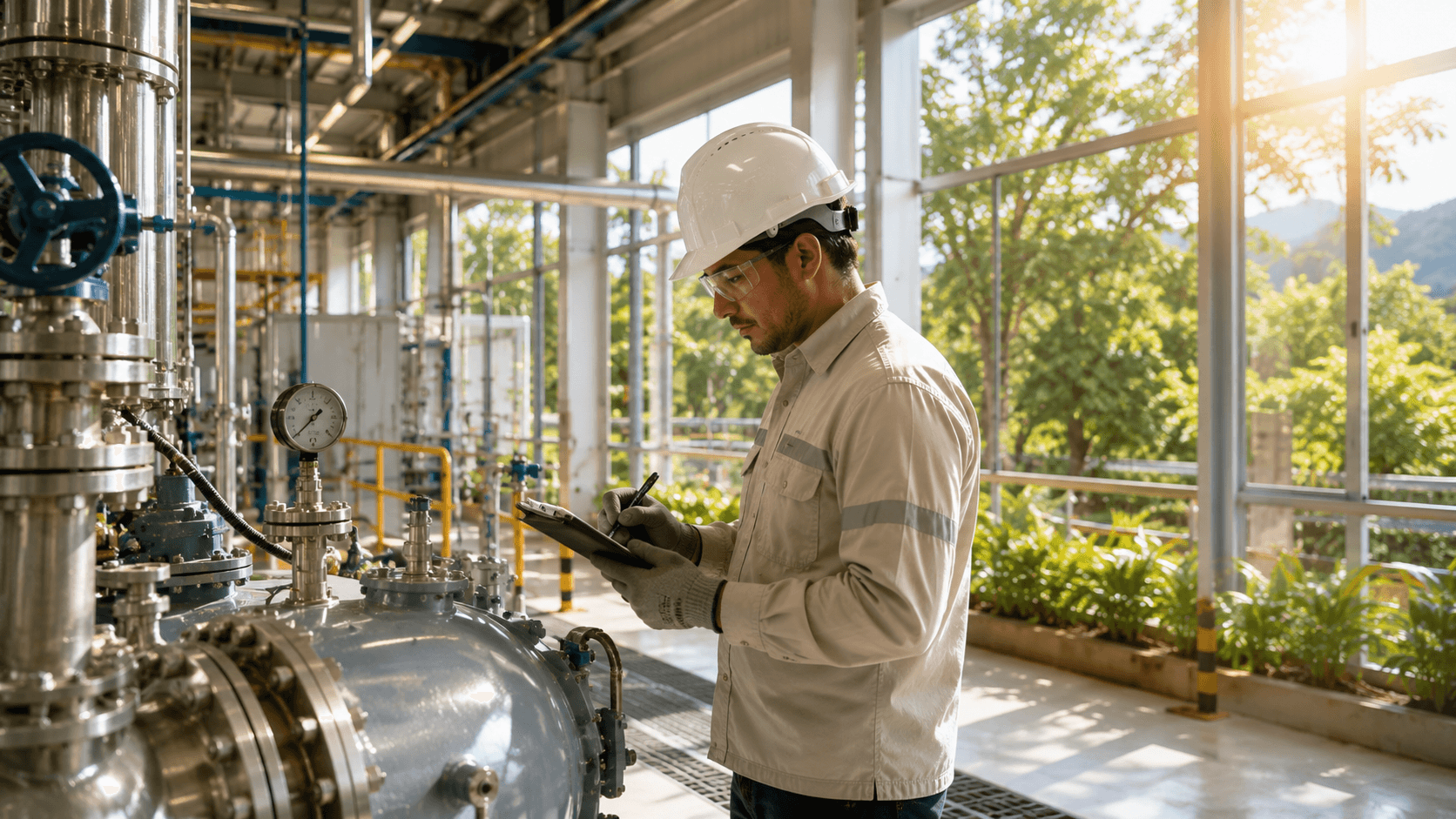 Técnico tomando notas de control junto a tanque de acero inoxidable