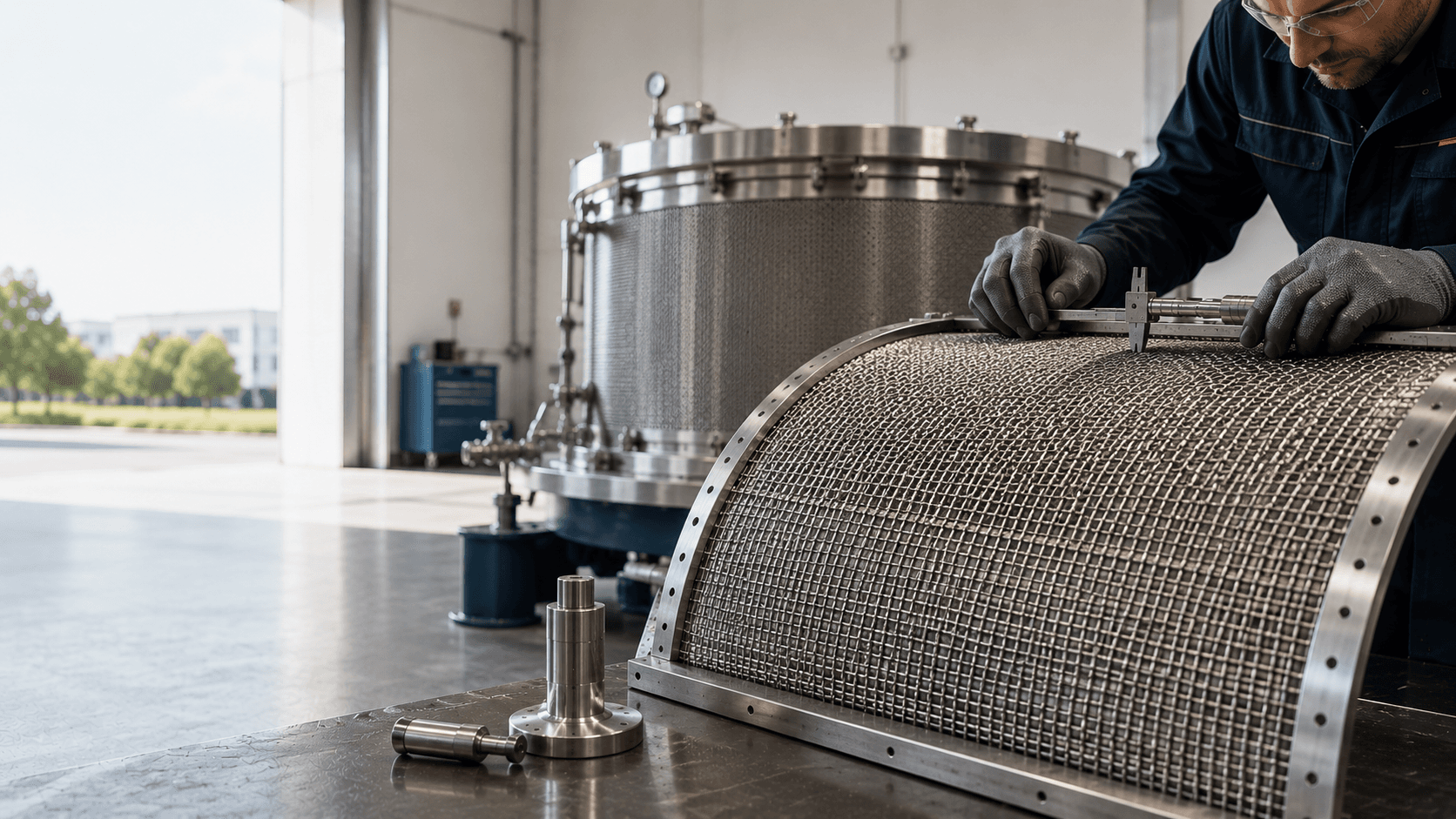 Técnico inspeccionando tela metálica en tambor de centrífuga industrial