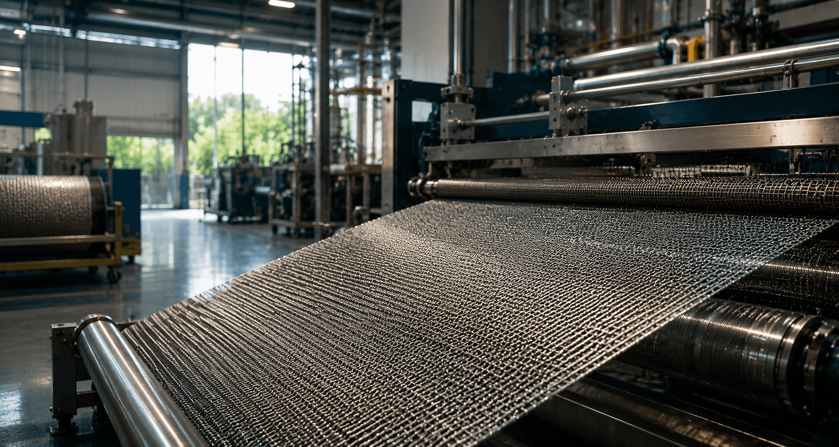 Malla metálica tejida en proceso de producción industrial