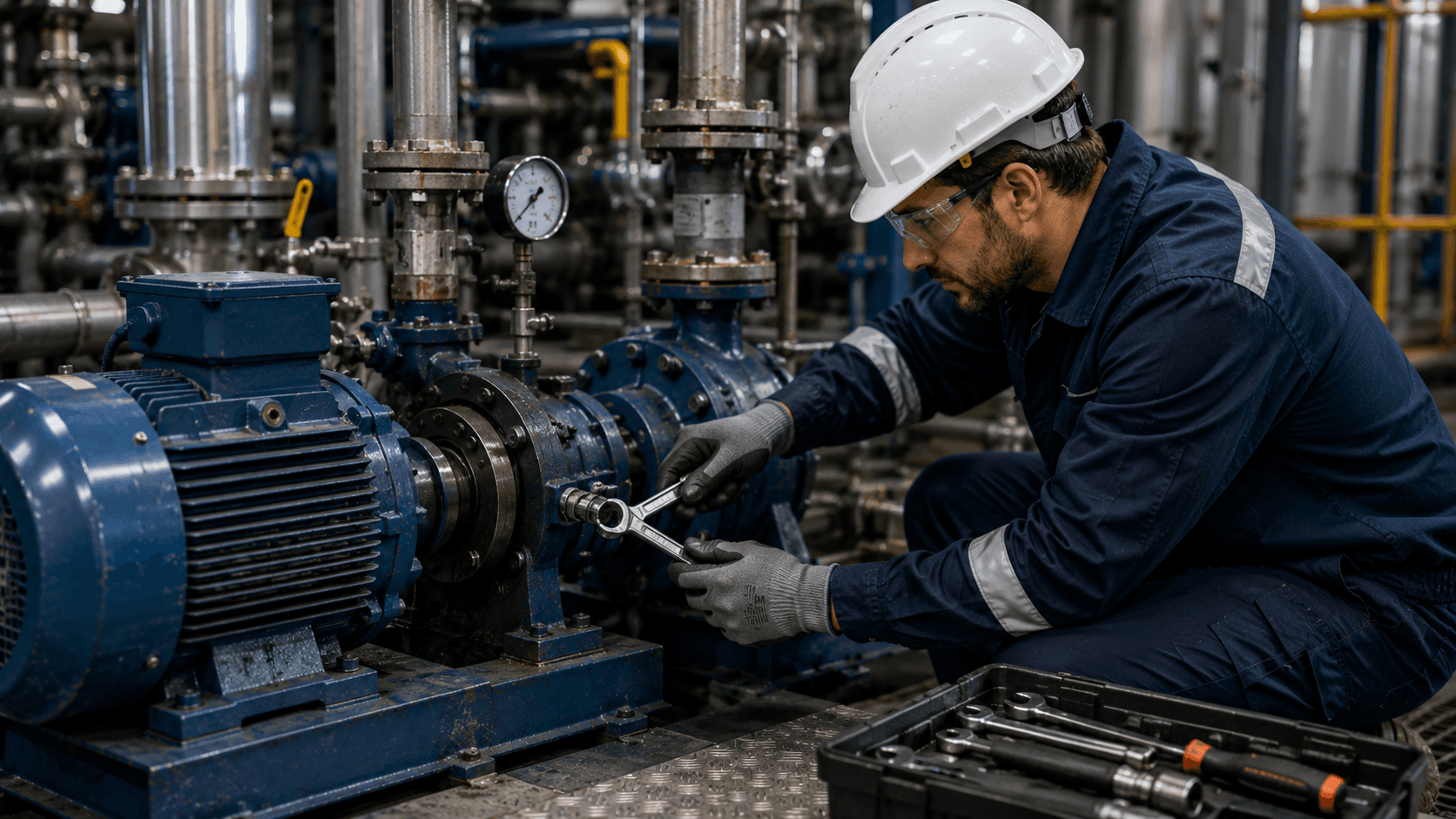 Técnico ajustando bomba industrial